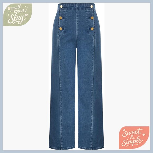 Denim - High Waisted Wide Leg Jeans Stretchy Demin Pants Button Decorated Pockets